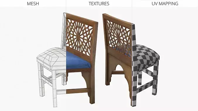 Arabic Style Wooden Chair with Carved Back 3D model 6