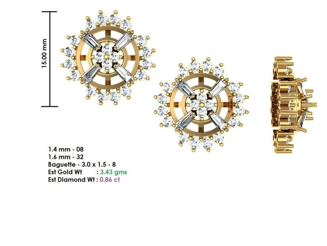 STUDS pair of gold earrings with diamonds Free 3D print model
