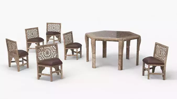 Vintage Dining Table and Chairs with Arabesque Carvings 3D model 6