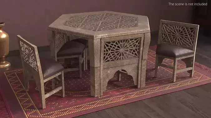 Vintage Dining Table and Chairs with Arabesque Carvings 3D model 2
