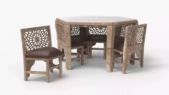 Vintage Dining Table and Chairs with Arabesque Carvings 3D model 5