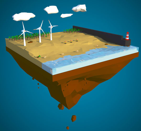 Floating Island of Desert Beach with windmills Low-poly 3D model
