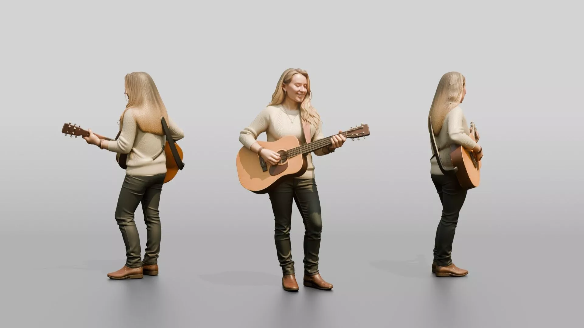 Folk Singer Strumming Acoustic Guitar 3D model