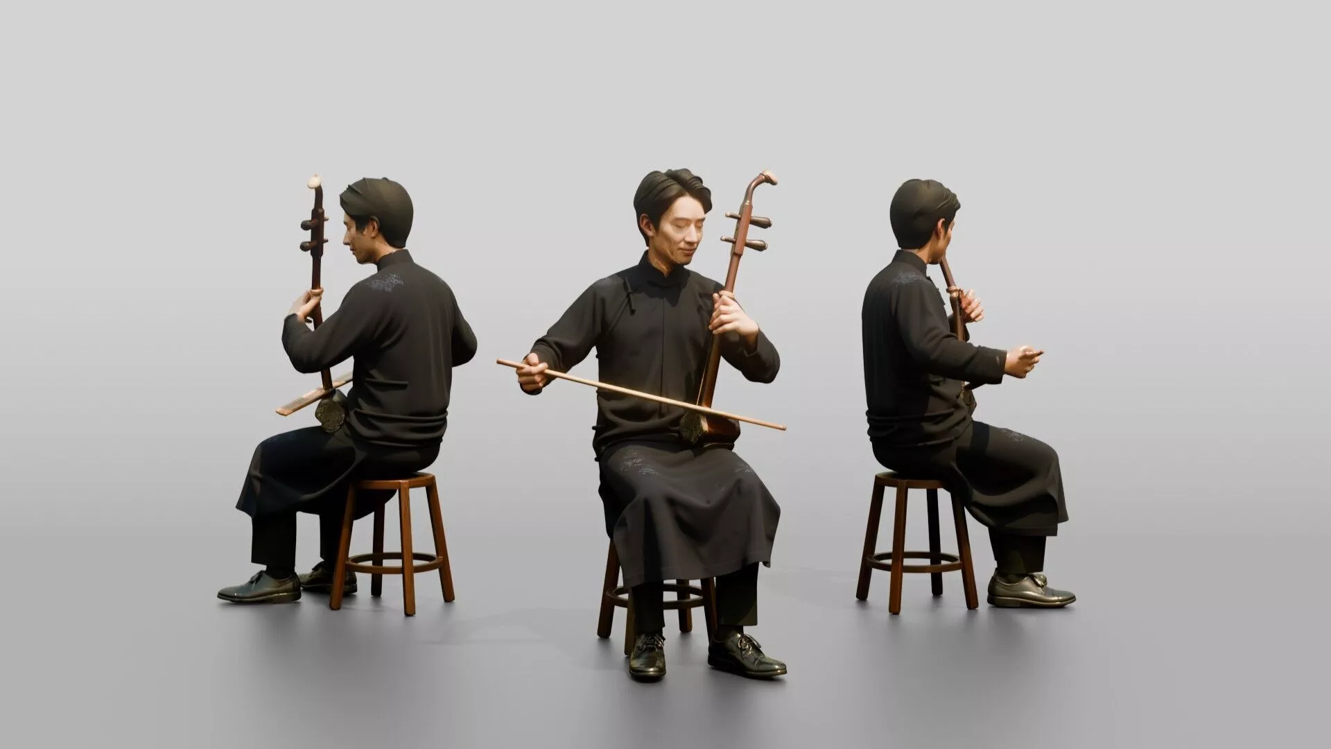 Erhu Player Bowing Traditional Instrument 3D model