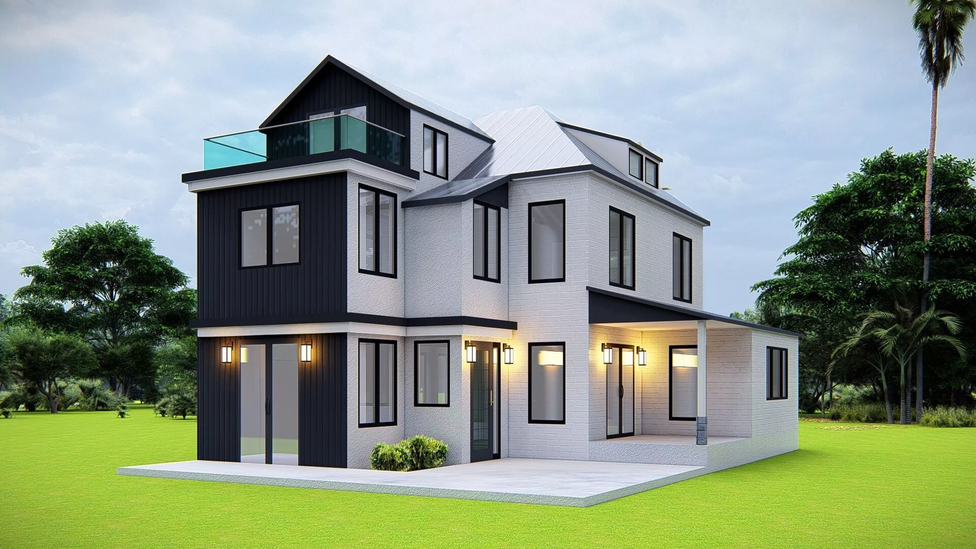 Modern Farmhouse TwoStory House with Metal Roof Glass Balcony 3D model