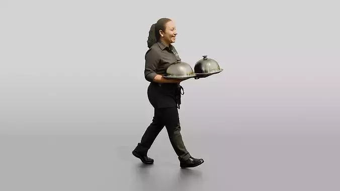 Food Runner Carrying Covered Plates 3D model 2