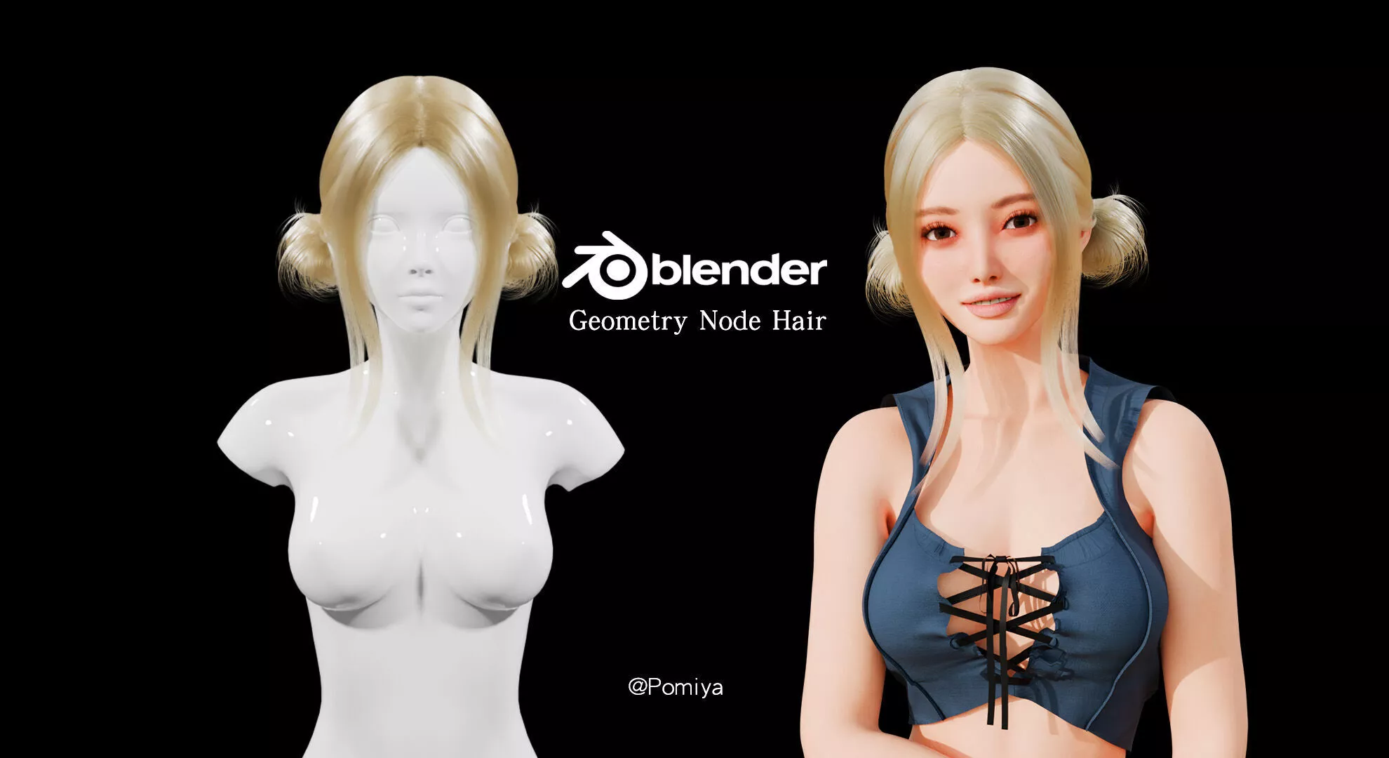 Space Buns Hair with Long Side Pieces - Blender Geometry Nodes 3D model