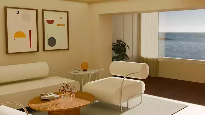 Modern Coastal Living Room Interior Scene Modular  3D model 7