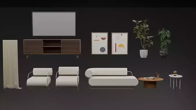 Modern Coastal Living Room Interior Scene Modular  3D model 2