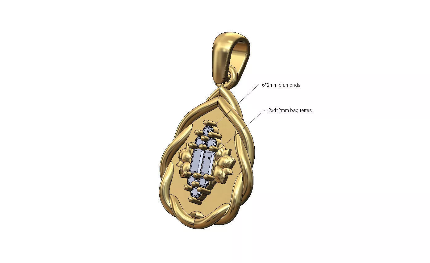 Braided teardrop diamond lotus flower baguettes pendant 3D print model