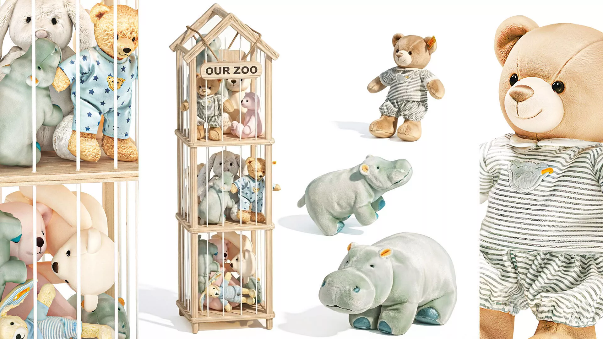 Storage rack soft toys bear bunny rabbit hippo set decor top new 3D model