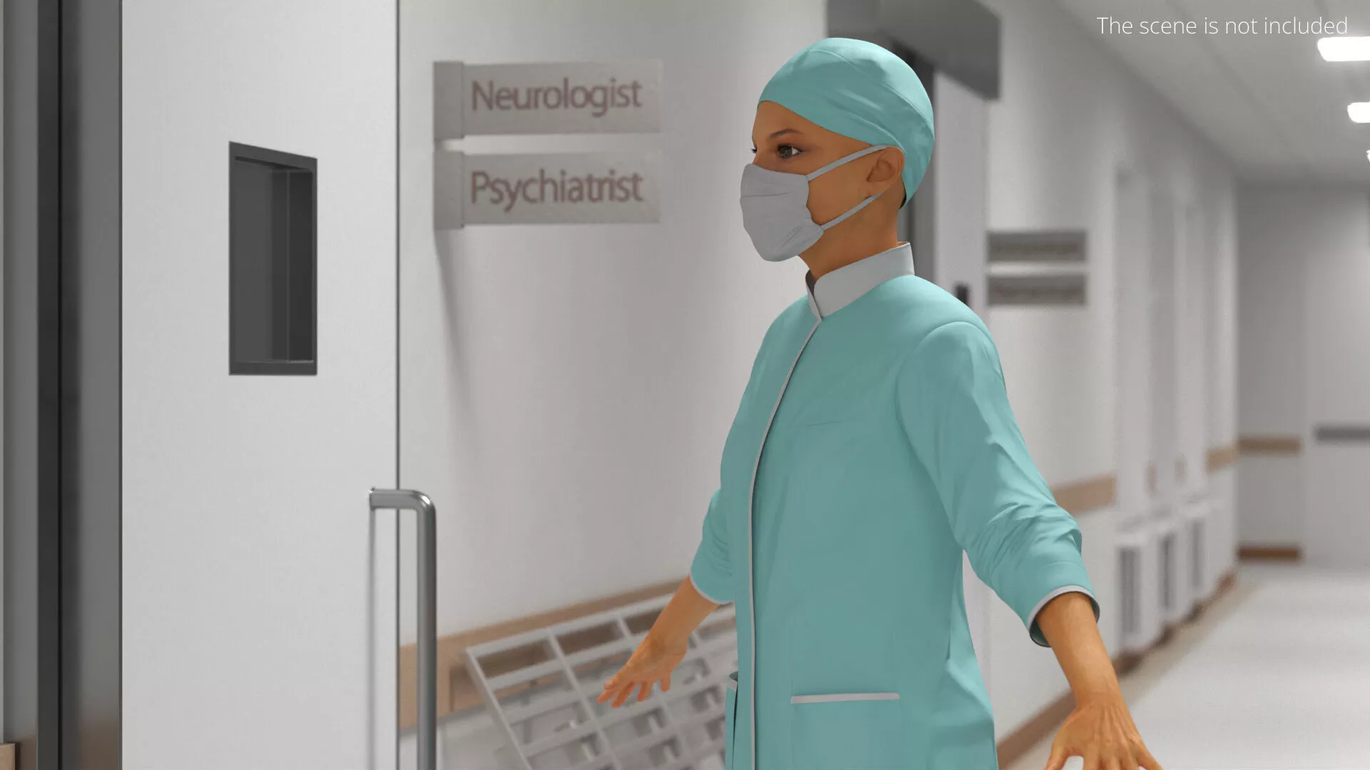 Hospital Staff Woman T Pose Turquoise Fur Rigged for Maya 3D model