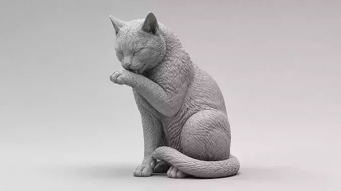 Realistic Grooming Cat Figurine - Sitting Cat Sculpture