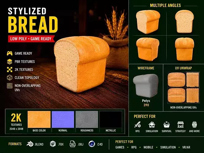 Stylized Bread Loaf Low Poly 3D Game Ready Food Asset Low-poly 3D model