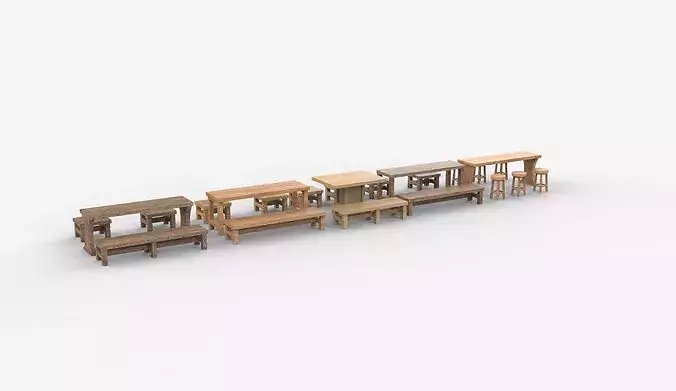 Wooden Table and Bench  3D model 3