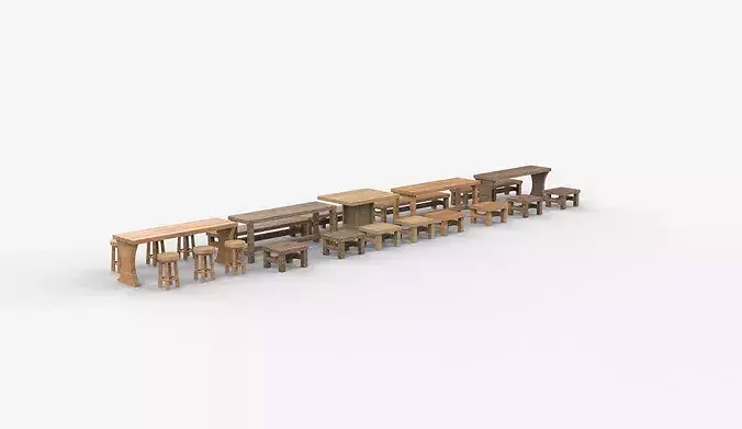 Wooden Table and Bench  3D model 2