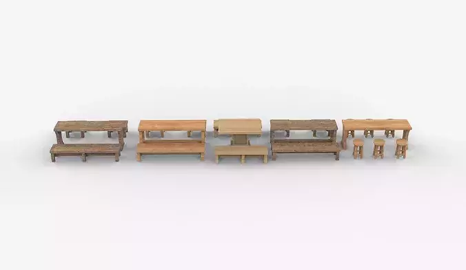 Wooden Table and Bench 3D model