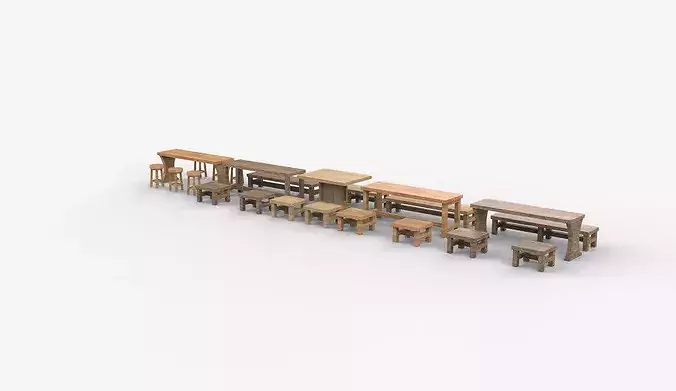 Wooden Table and Bench  3D model 4