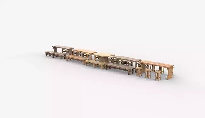 Wooden Table and Bench  3D model 5