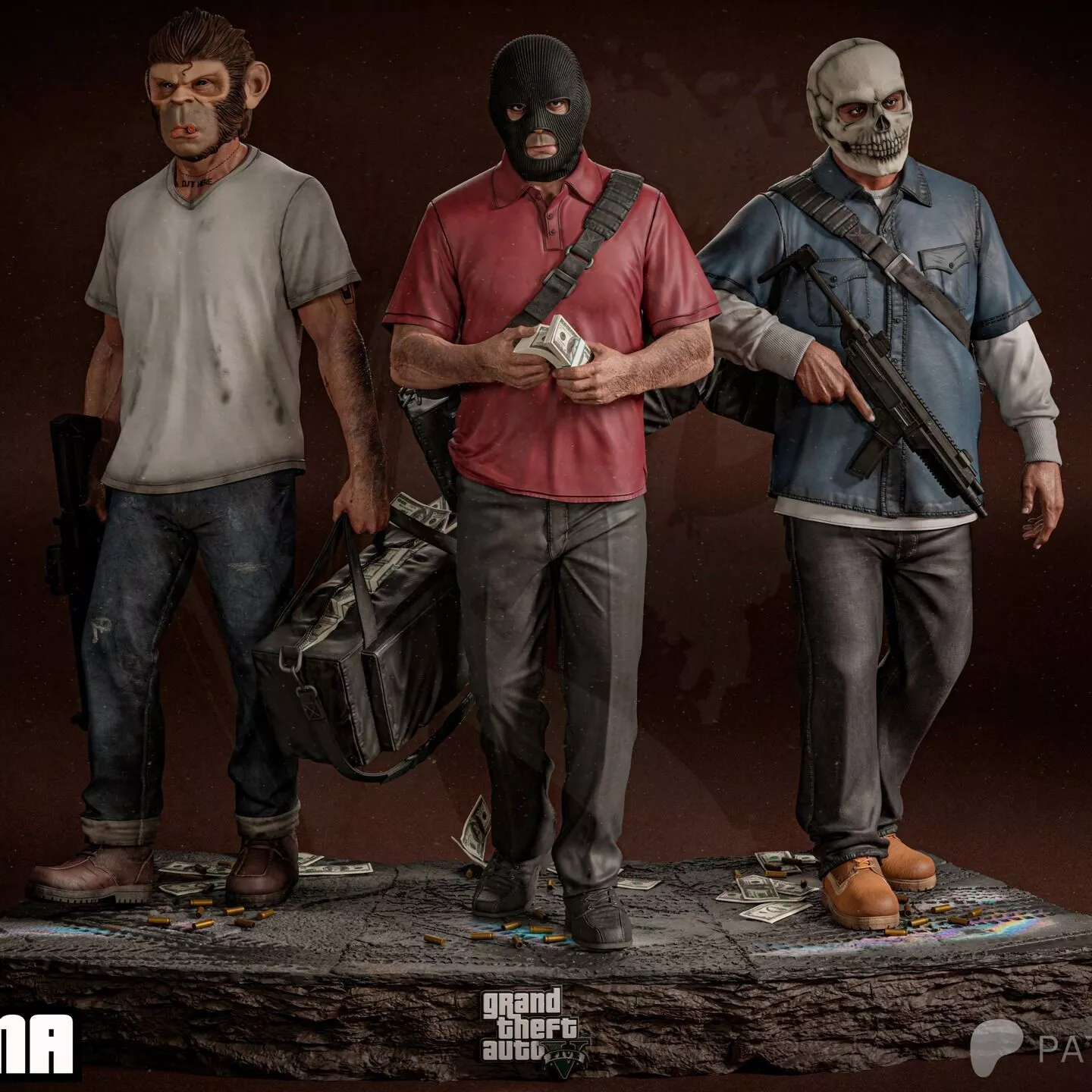 GTA V Heist Trio Statue Kit Michael Trevor Franklin Chop 3D print model