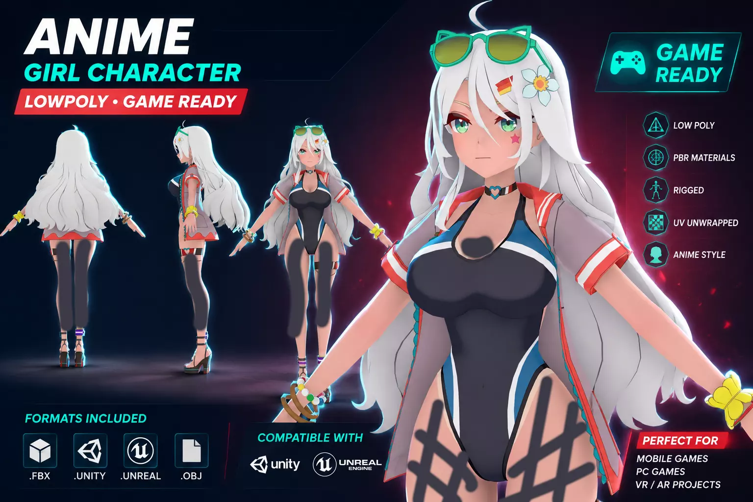 Low-Poly Stylized Anime Girl Character - Game Ready Low-poly 3D model