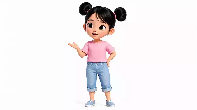 Stylized Cartoon Asian Girl Character Rigged Animated