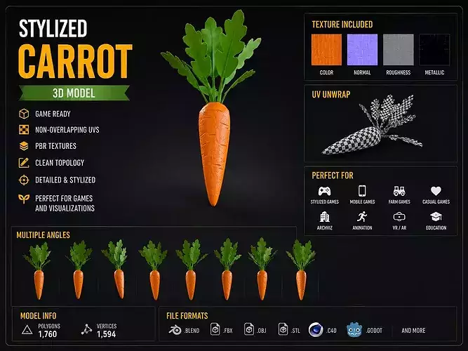 Stylized Carrot 3D Model Game Ready Low Poly Vegetable Low-poly 3D model