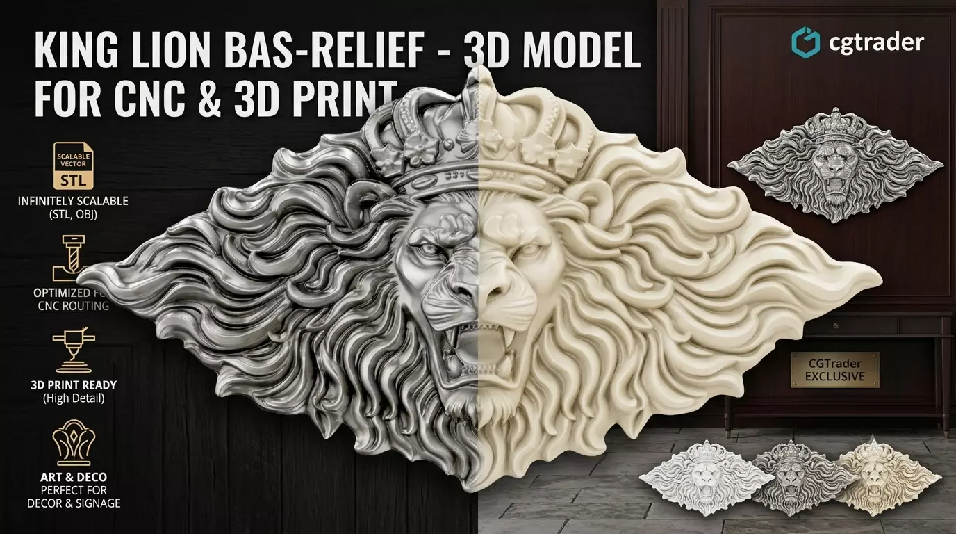 King Lion Bas-Relief 3D Model CNC Router 3D Printing STL OBJ 3D print model