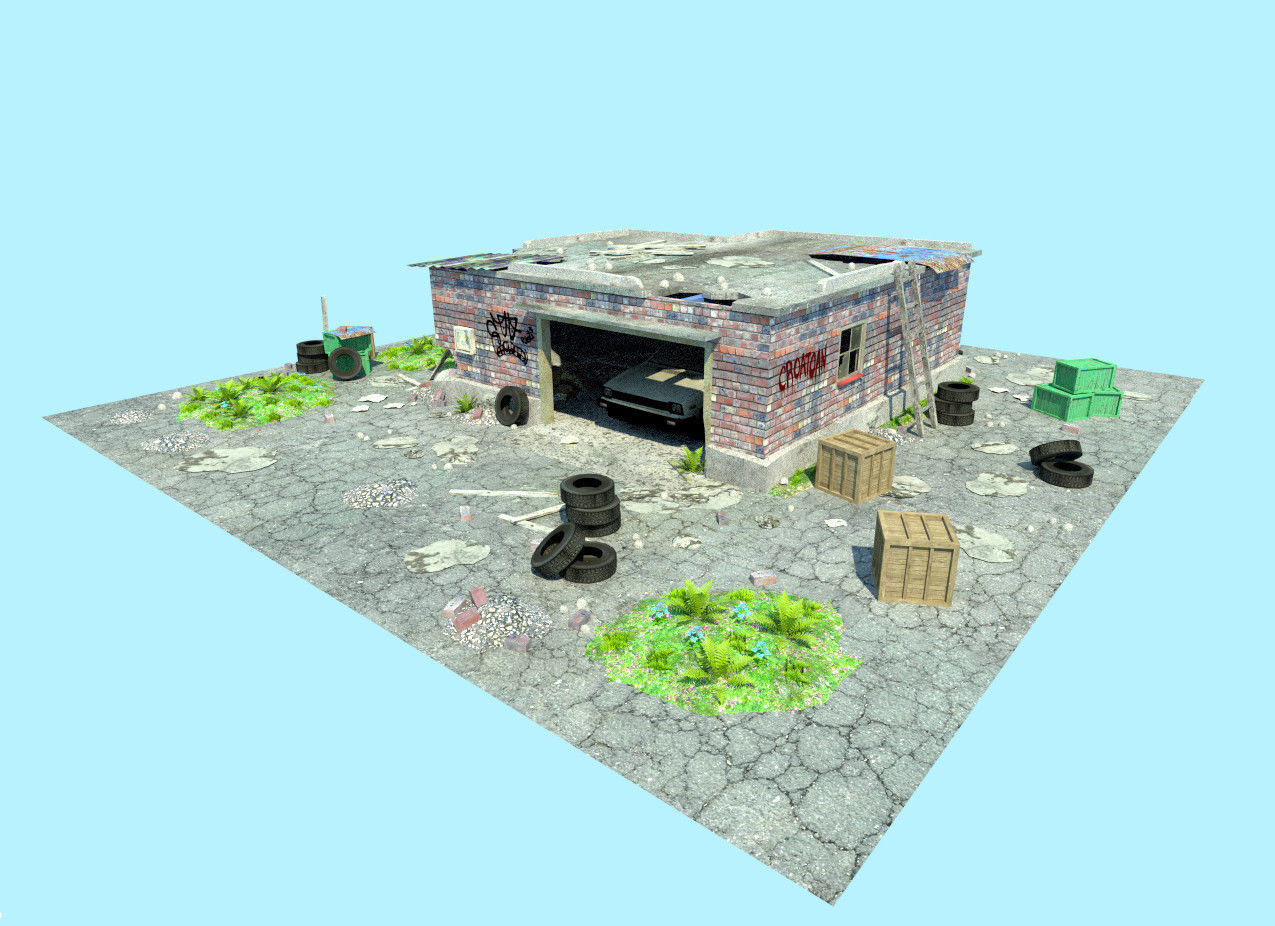 old garage low poly scene Low-poly 3D model_1