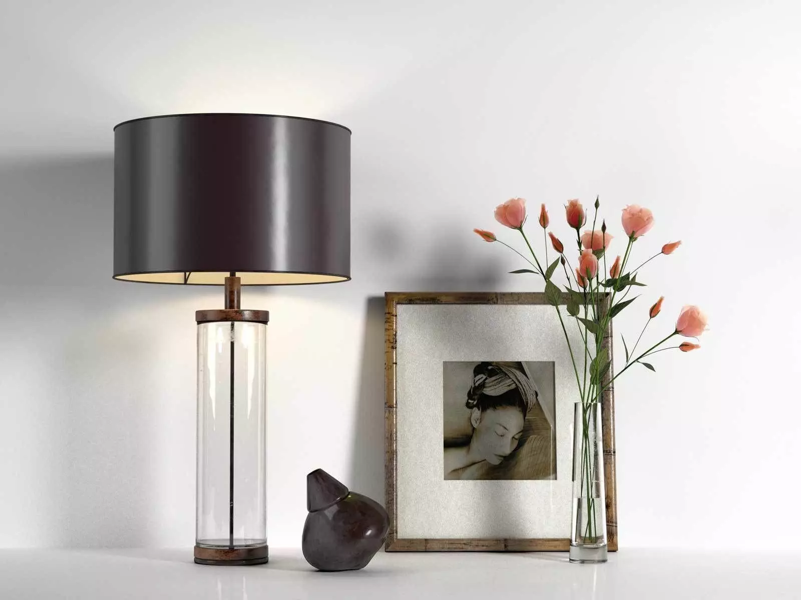Table Lamp Picture and Glass Vase with Roses 3D model_0