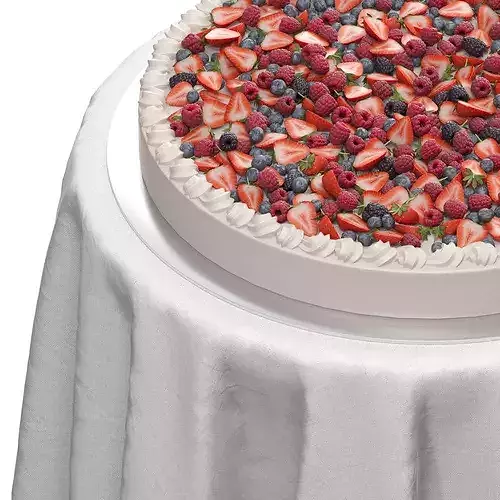 Wedding Cake on Table with Round Tablecloth and Berries 3D model 2