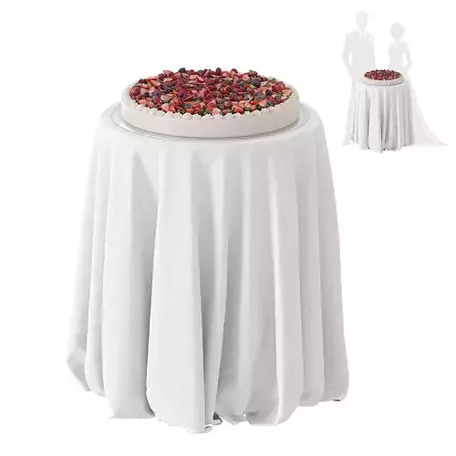 Wedding Cake on Table with Round Tablecloth and Berries 3D model