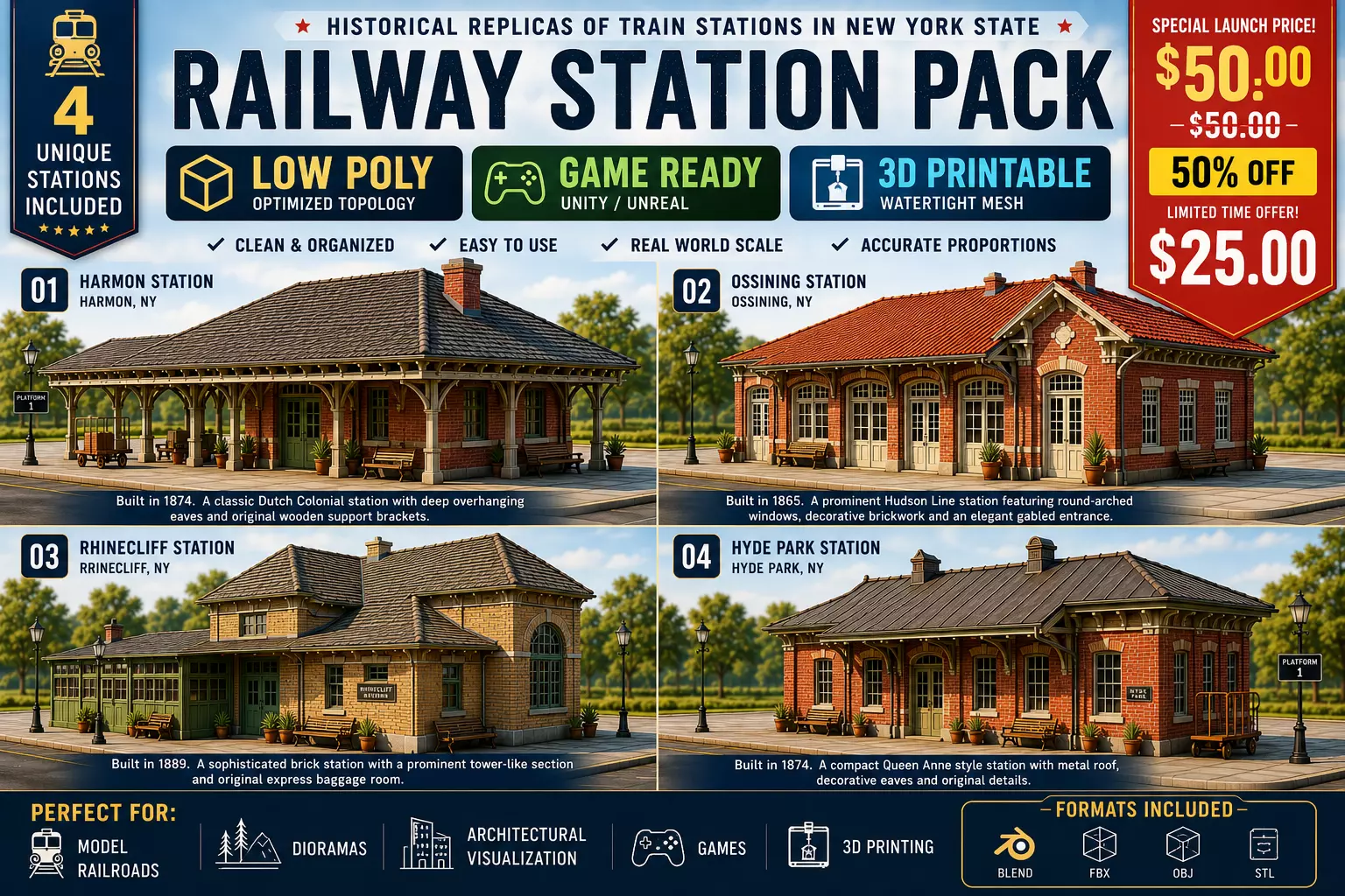 Historical NY Train Station 4Pack Low Poly Game Ready 3DPrint 3D print model