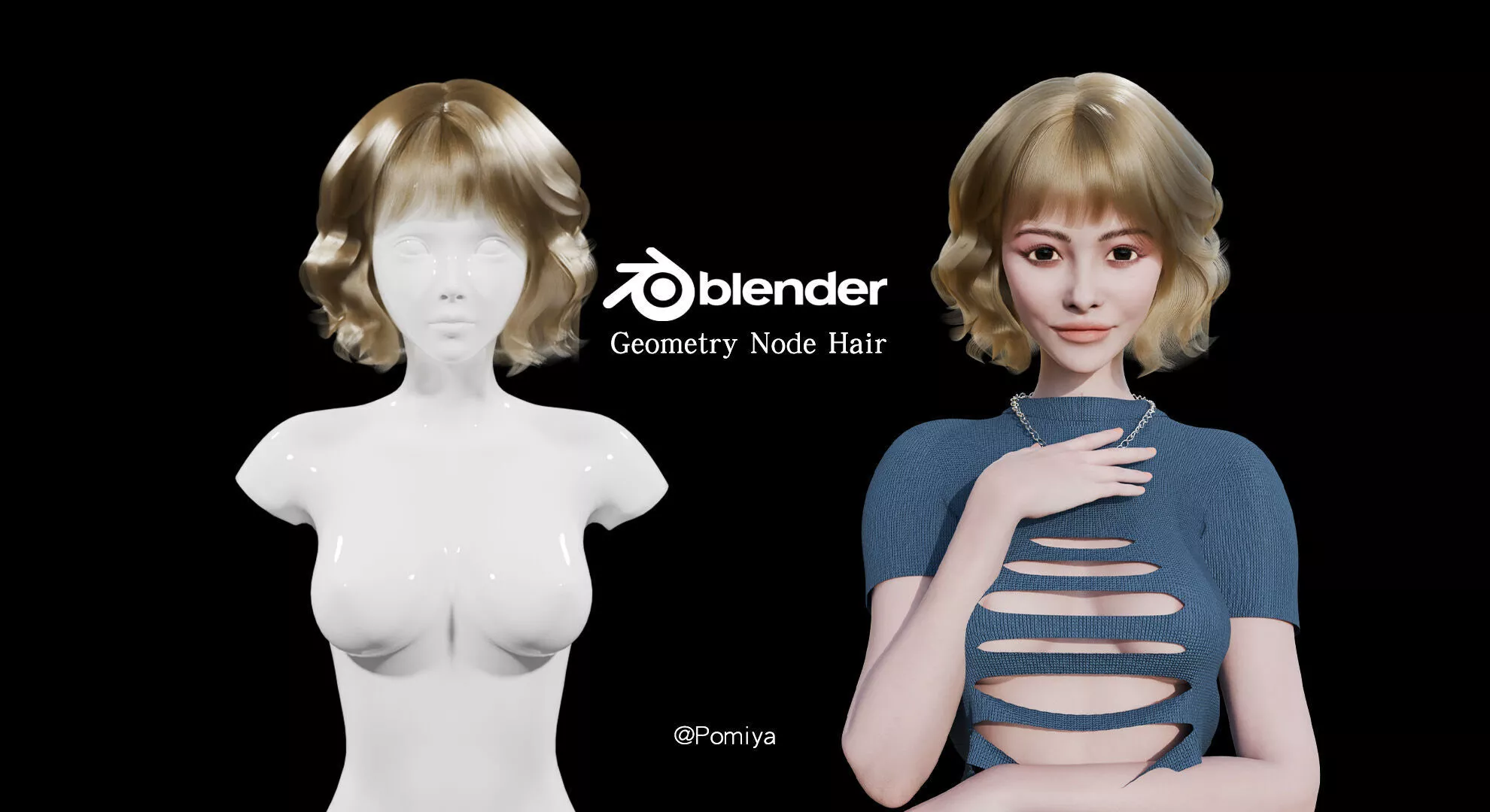 Soft Wavy Bob Hair with Wispy Bangs - Blender Geometry Nodes 3D model