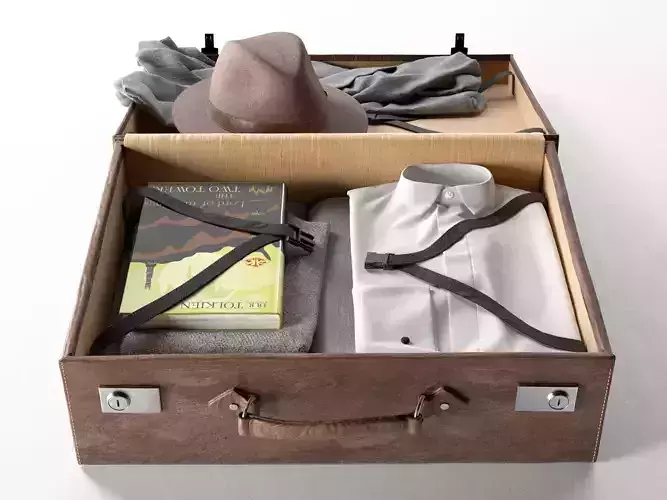 Vintage Suitcase with Hat Clothes and Book