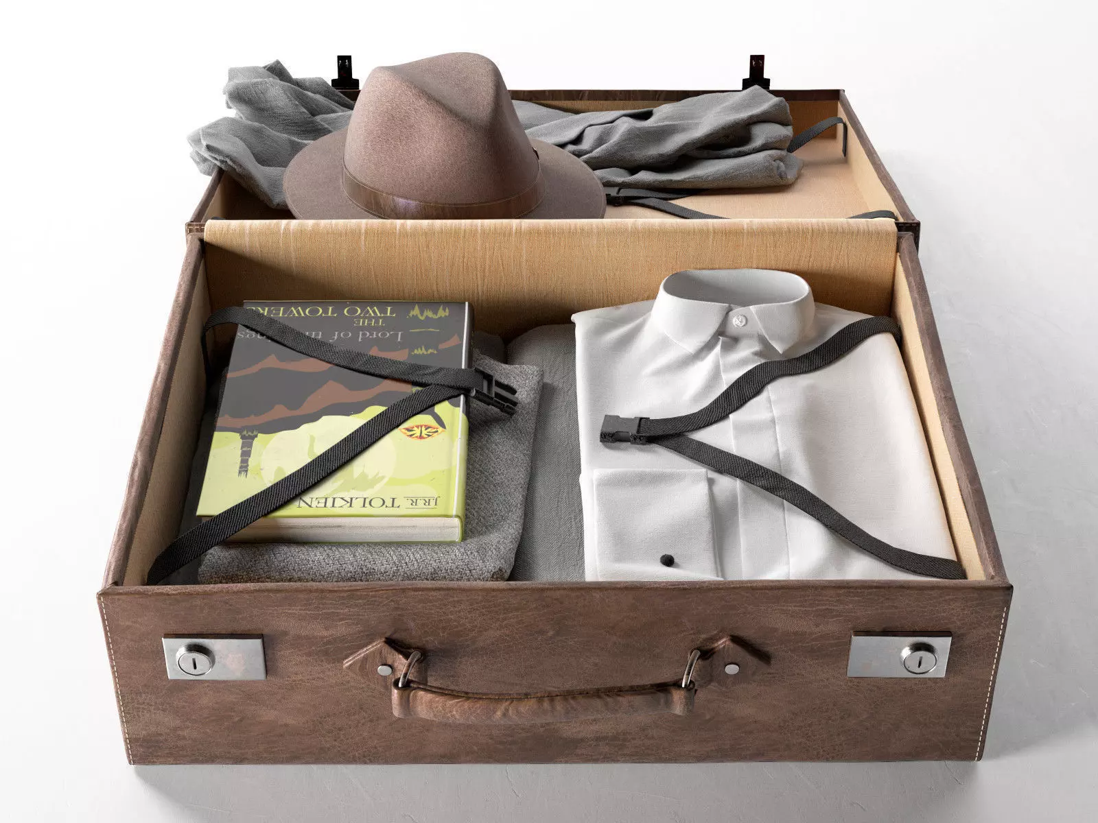 Vintage Suitcase with Hat Clothes and Book 3D model_0