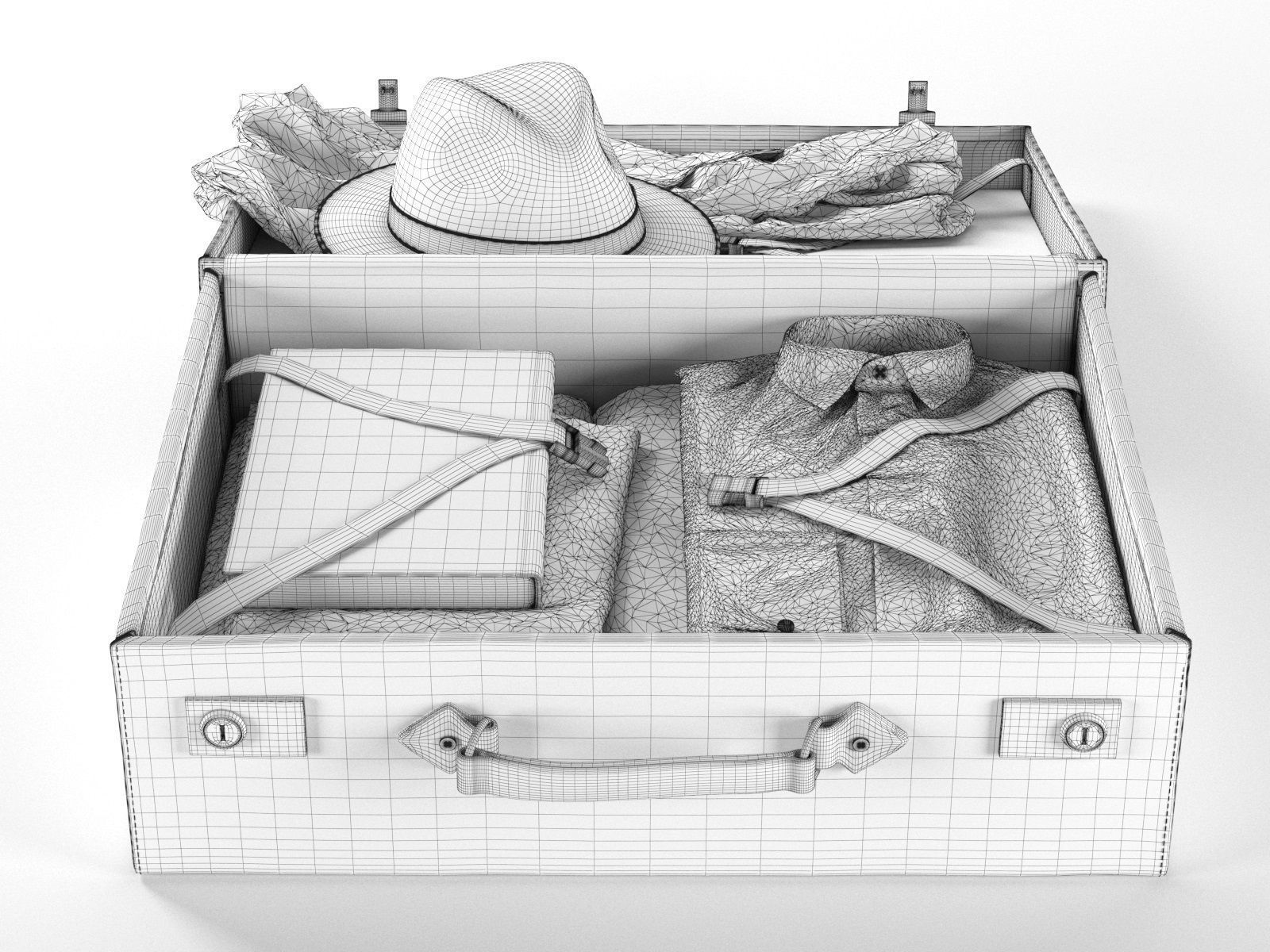 Vintage Suitcase with Hat Clothes and Book 3D model_3