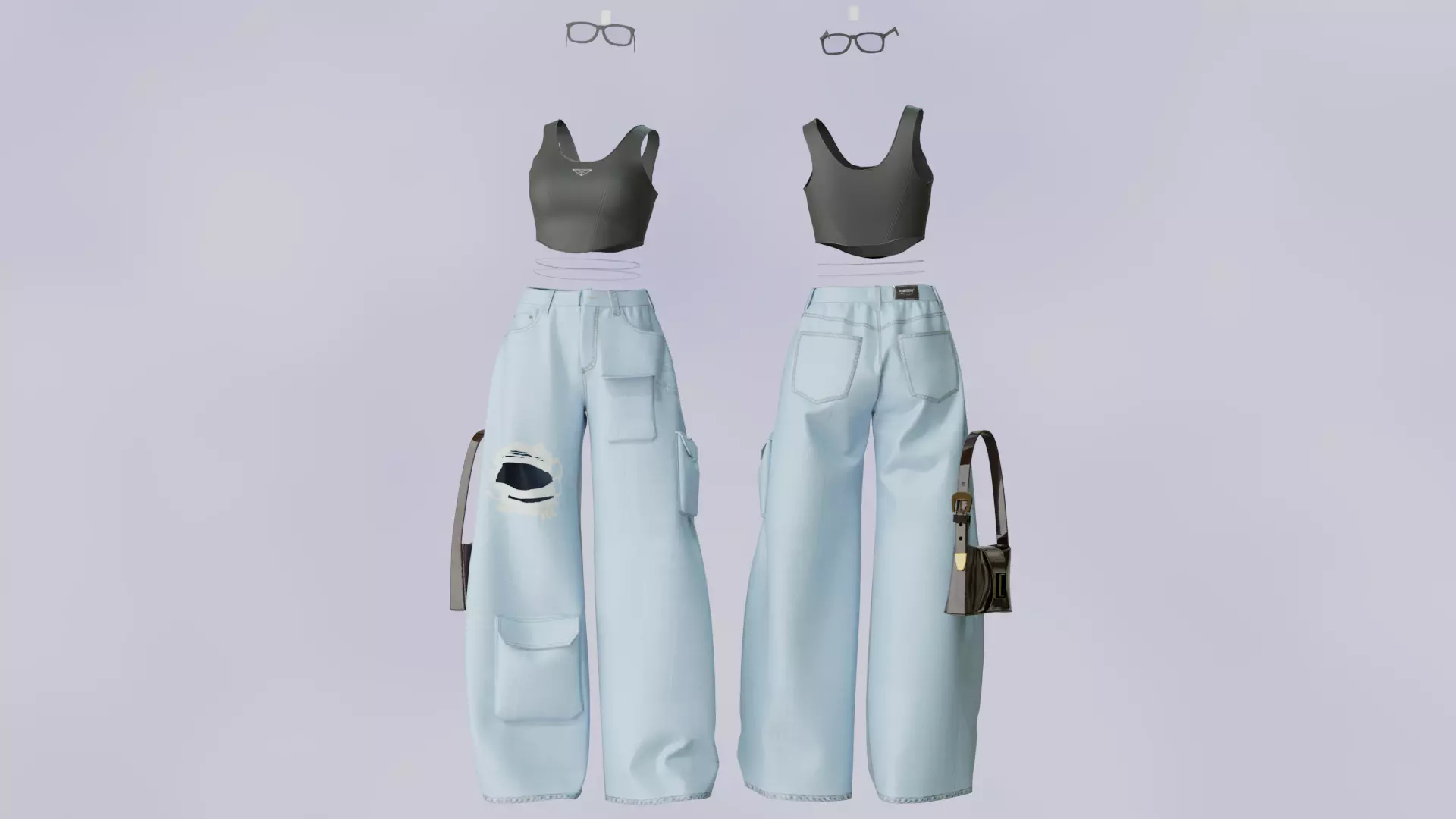 Women Streetwear Crop Top and Wide Leg Cargo Jeans Outfit 3D model