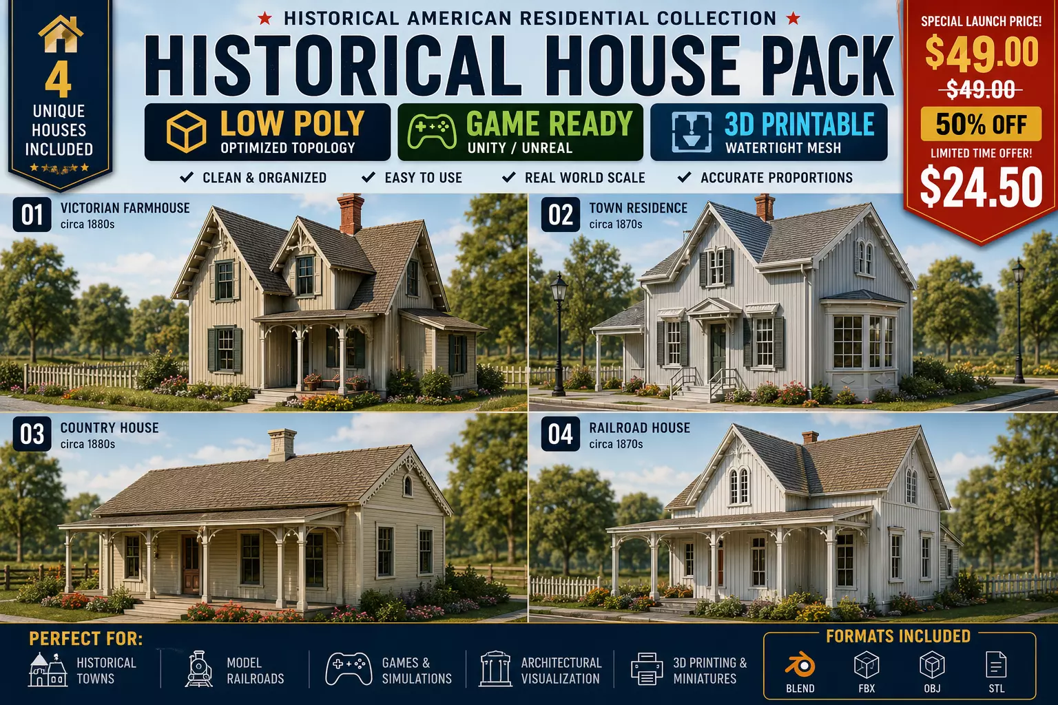 Historical American Victorian House 4Pack Low Poly Game Ready 3D print model