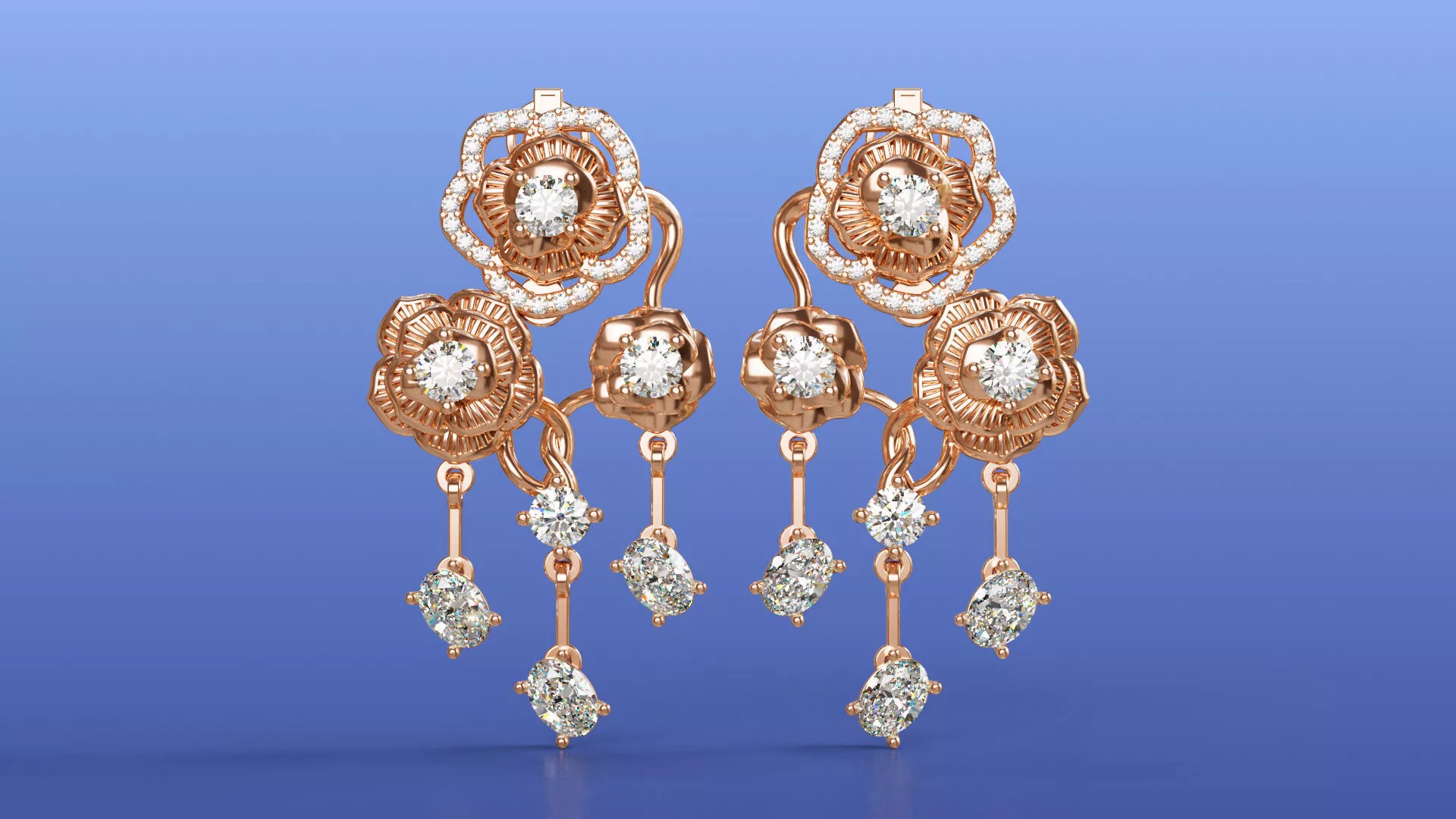 Elegant Roses Diamond Chandelier Earrings Triple Flower Drop 3D print model