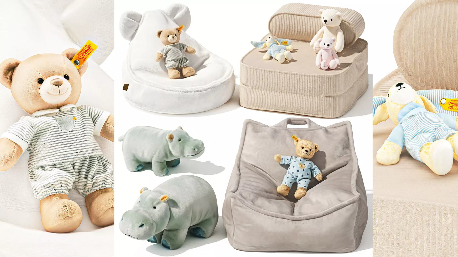 Soft plush children toys set teddy bear hippo ottoman pouf 3D model