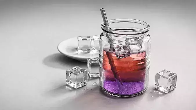 Lemonade Drink with ice cubes - glass-  Low-poly 3D model 3