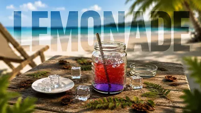 Lemonade Drink with ice cubes - glass- Low-poly 3D model