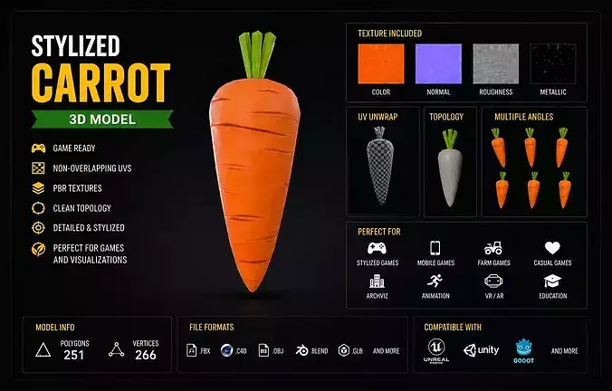 Carrot Low Poly - Stylized Food Asset Low-poly 3D model