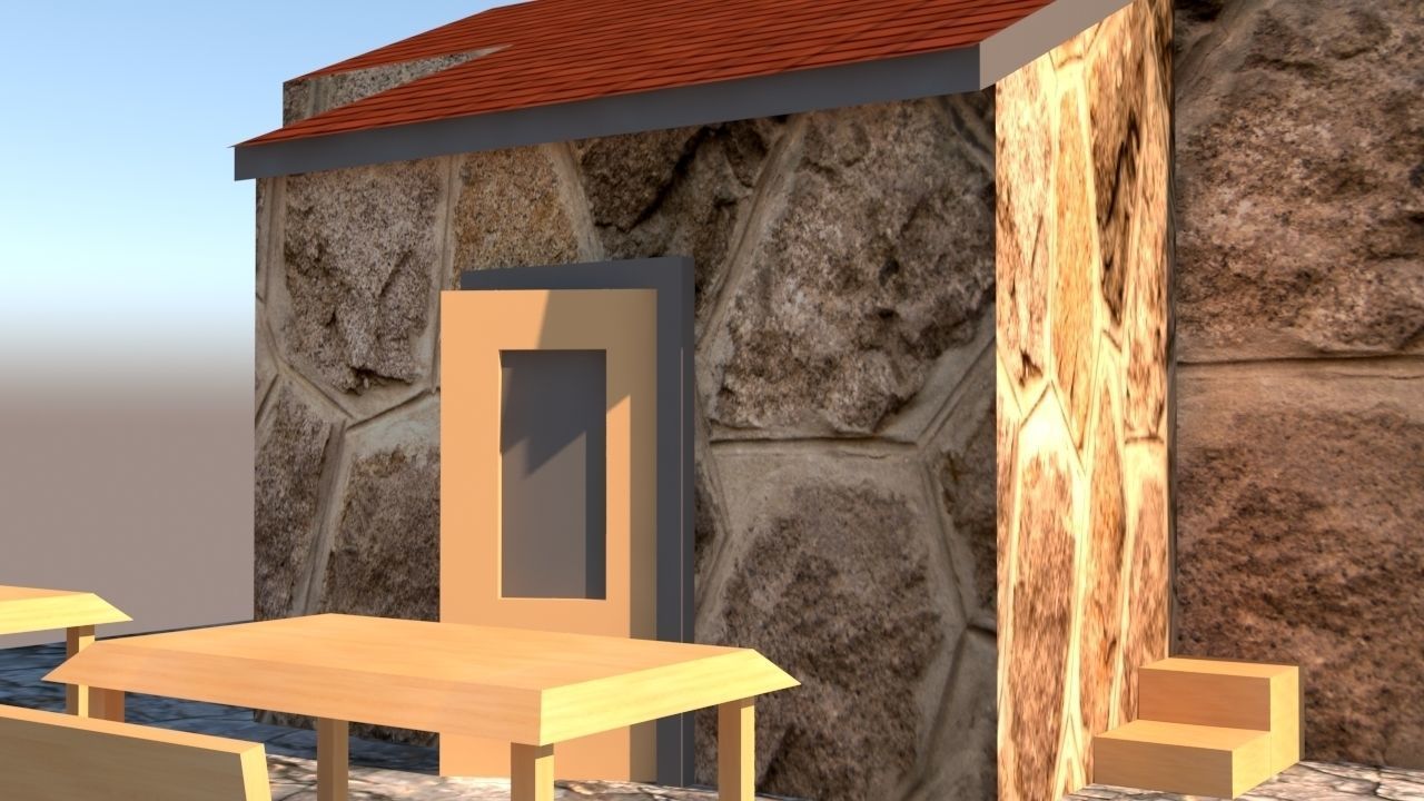 3d exterior lowpoly model stone house with table and chairs Low-poly 3D model_4