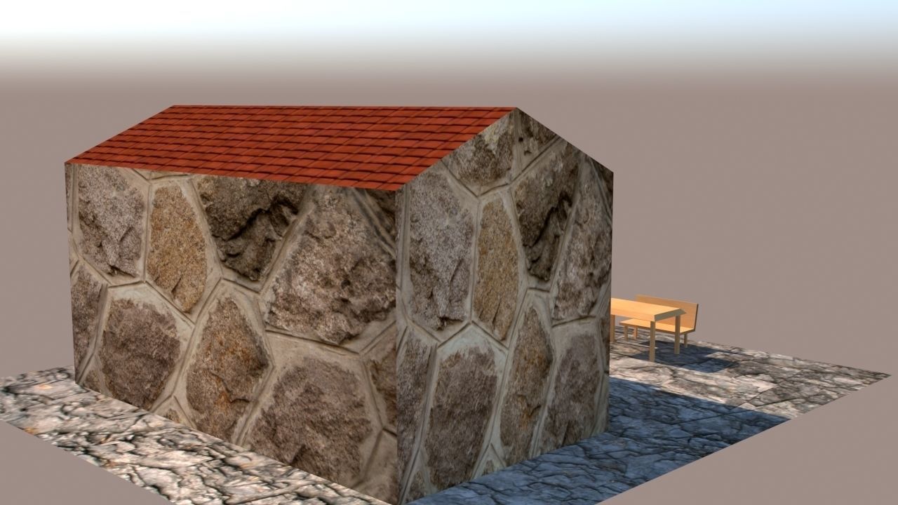 3d exterior lowpoly model stone house with table and chairs Low-poly 3D model_3