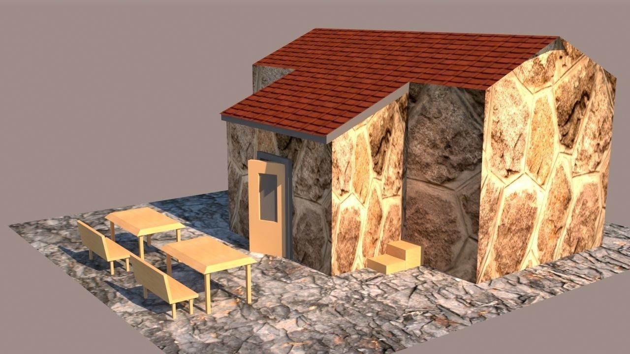 3d exterior lowpoly model stone house with table and chairs Low-poly 3D model_1