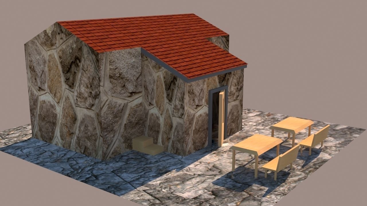 3d exterior lowpoly model stone house with table and chairs Low-poly 3D model_2