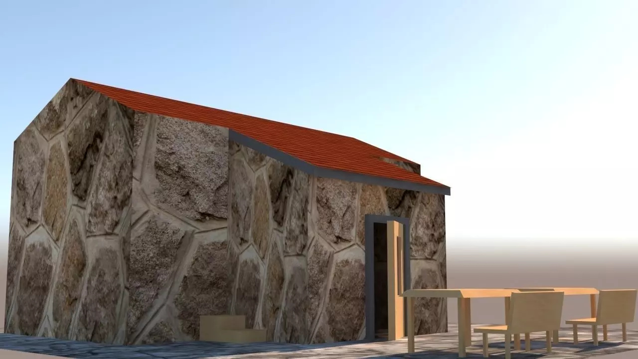 3d exterior lowpoly model stone house with table and chairs Low-poly 3D model_0