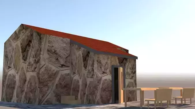 3d exterior lowpoly model stone house with table and chairs